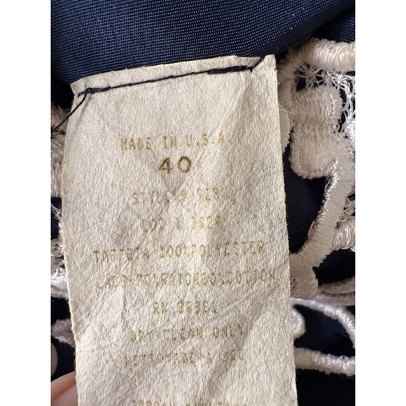 VTG'80 ILGWU Prom Formal Navy Blue Satin Lace Dress /Puffs Sleeves /Bows Size 40 - Picture 14 of 16